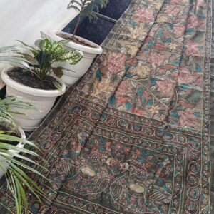 Smoky Olive Handcrafted Maheshwari Silk Saree with Floral Madhubani Art & Peacock Pallu