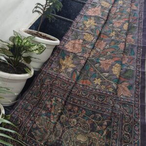 Charcoal Grey Handcrafted Maheshwari Silk Saree with Floral Madhubani Art & Peacock Pallu