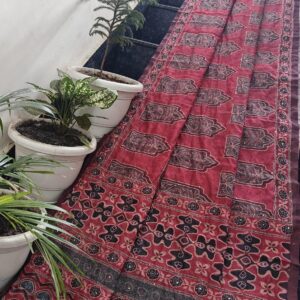 Wine Maroon Maheshwari Silk Saree with Geometric Madhubani Hand Print & Hand Katha Work