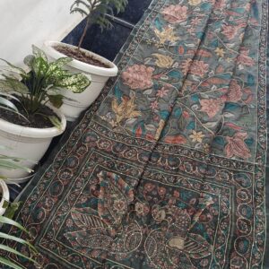 Olive Green Maheshwari Silk Saree with Madhubani Peacock Art & Hand Katha Embroidery