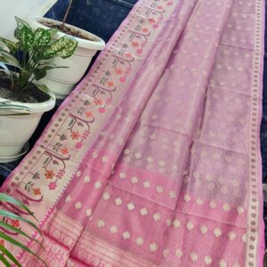 Blush Pink Handwoven Kota Tissue Saree with Paithani Floral Border