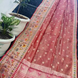 Rust Rose Kota Tissue Saree with Handwoven Buti & Multicolour Paithani Floral Border