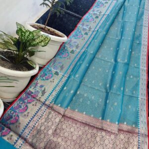 Teal Blue Handwoven Kota Tissue Saree with Paithani Floral Border & Contrast Pallu