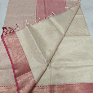 Handwoven Biege Kota Tissue Saree with Rose Pink Zari Border & Contrast Pallu – Elegant Lightweight Traditional Saree with Blouse Piece