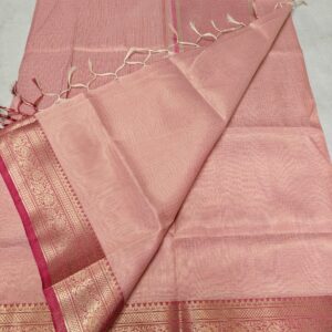 Handwoven Blush Pink Kota Tissue Saree with Rose Pink Zari Border & Contrast Pallu – Lightweight Festive Traditional Saree with Blouse Piece