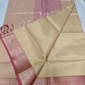 Handwoven Beige Gold Kota Tissue Saree with Dusty Rose Pink Zari Border & Contrast Pallu