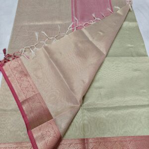 Handwoven Cream Kota Tissue Saree with Rose Pink Zari Border & Pastel Green Contrast Pallu – Elegant Lightweight Festive Saree with Blouse Piece