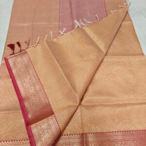 Handwoven Golden Peach Kota Tissue Saree with Pink Zari Border & Contrast Pallu – Elegant Lightweight Festive Saree with Blouse Piece