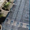 Sky Blue Hand Printed Kota Doria Saree with Floral Vine Design & Indigo Border | Elegant Lightweight Handcrafted Kota Doria Saree with Running Blouse