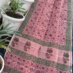 Blush Pink Hand Printed Kota Doria Saree with Green Floral Border | Lightweight Handcrafted Kota Doria Saree with Running Blouse