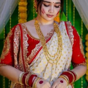 Royal Ivory & Red Khadi Designer Saree with Traditional Bridal Elegance | Handcrafted Ethnic Wear | Free Size
