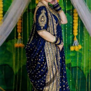 Royal Navy Blue Khadi Designer Saree with Golden Buti & Heavy Zari Border | Handcrafted Festive & Wedding Wear | Free Size