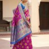 Rani Pink Bangalore Dola Silk Saree with Royal Blue Contrast Border & Golden Zari Butti – Handcrafted Wedding & Festive Wear with Blouse Piece