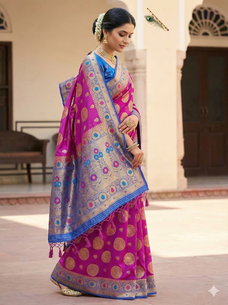 Rani Pink Bangalore Dola Silk Saree with Royal Blue Contrast Border & Golden Zari Butti – Handcrafted Wedding & Festive Wear with Blouse Piece