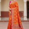 Vibrant Orange Bangalore Dola Silk Saree with Pink Contrast Border & Golden Zari Motifs – Handcrafted Festive Wear with Blouse Piece