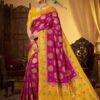 Rani Pink & Mustard Yellow Bangalore Dola Silk Saree with Golden Zari Butti – Handcrafted Wedding & Festive Wear with Blouse Piece