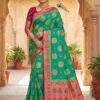 Emerald Green Bangalore Dola Silk Saree with Pink Contrast Zari Border & Golden Butti Work – Handcrafted Festive Wear with Blouse Piece