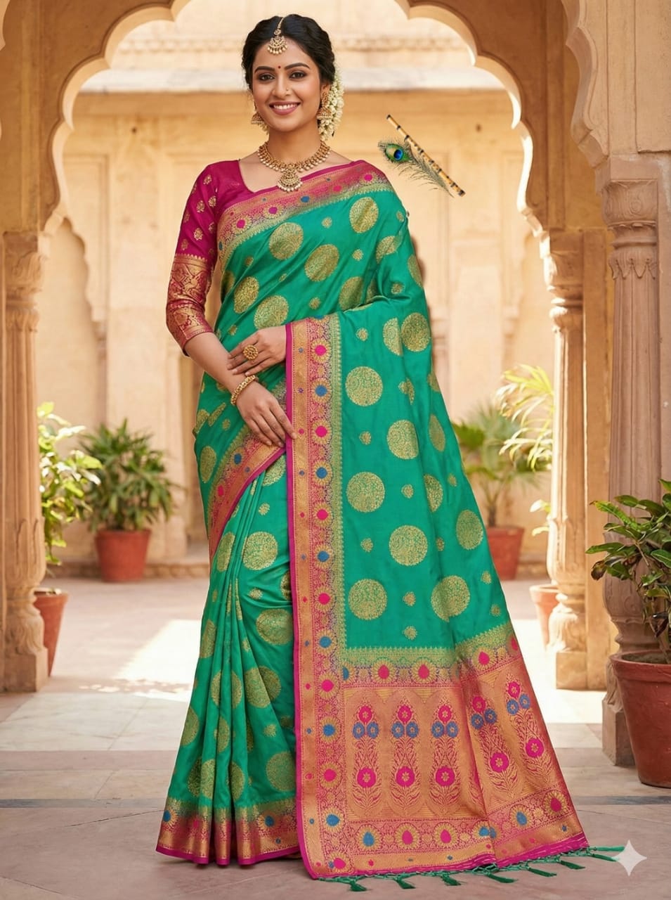 Emerald Green Bangalore Dola Silk Saree with Pink Contrast Zari Border & Golden Butti Work – Handcrafted Festive Wear with Blouse Piece