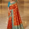Royal Orange Bangalore Dola Silk Saree with Teal Blue Contrast Border & Golden Zari Butti – Handcrafted Wedding & Festive Wear with Blouse Piece