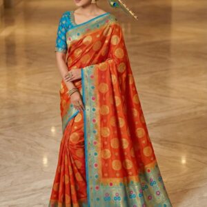 Royal Orange Bangalore Dola Silk Saree with Teal Blue Contrast Border & Golden Zari Butti – Handcrafted Wedding & Festive Wear with Blouse Piece