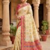 Elegant Cream Bangalore Dola Silk Saree with Pink Contrast Border & Golden Zari Butti – Handcrafted Wedding & Festive Wear with Blouse Piece