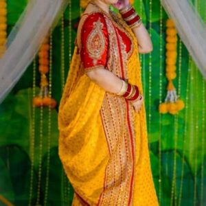 Sunshine Yellow Khadi Designer Saree with Golden Buti & Red Embroidered Blouse | Handcrafted Festive & Wedding Wear | Free Size
