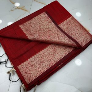 Ruby Red Slub Silk Handcrafted Saree with Antique Gold Paisley Woven Border & Pallu – Premium Ethnic Festive Wear with Blouse Piece
