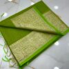 Parrot Green Slub Silk Handcrafted Saree with Antique Gold Paisley Woven Border & Pallu – Elegant Festive Ethnic Saree with Blouse Piece