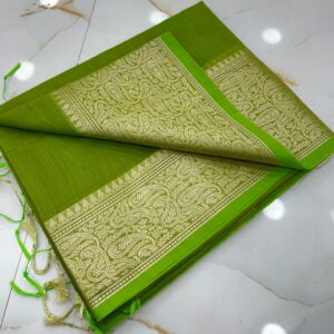 Parrot Green Slub Silk Handcrafted Saree with Antique Gold Paisley Woven Border & Pallu – Elegant Festive Ethnic Saree with Blouse Piece