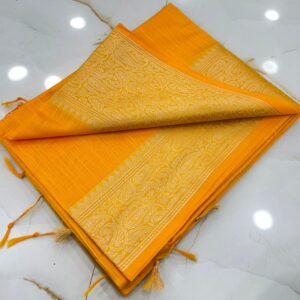 Mustard Yellow Slub Silk Handcrafted Saree with Antique Gold Paisley Woven Border & Pallu – Elegant Festive Ethnic Saree with Blouse Piece