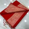 Vermilion Red Slub Silk Handcrafted Saree with Antique Gold Paisley Woven Border & Pallu – Festive Traditional Saree with Blouse Piece
