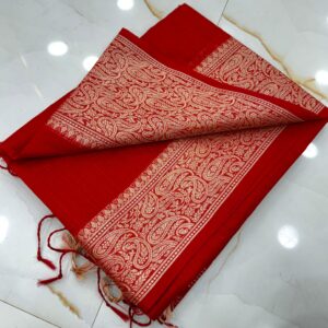 Vermilion Red Slub Silk Handcrafted Saree with Antique Gold Paisley Woven Border & Pallu – Festive Traditional Saree with Blouse Piece