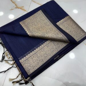 Navy Blue Slub Silk Handcrafted Saree with Antique Gold Paisley Woven Border & Pallu – Elegant Festive Ethnic Saree with Blouse Piece
