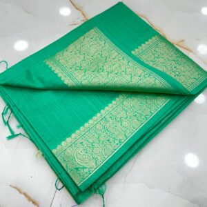 Emerald Green Slub Silk Handcrafted Saree with Antique Gold Paisley Woven Border & Pallu – Elegant Festive Ethnic Saree with Blouse Piece