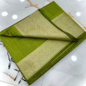 Olive Green Slub Silk Handcrafted Saree with Antique Gold Paisley Woven Border & Pallu – Elegant Traditional Festive Saree with Blouse Piece