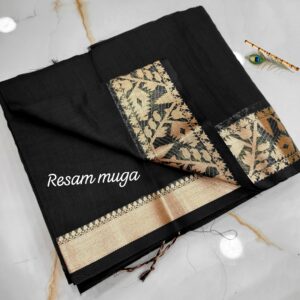 Classic Black Pure Resham Muga Silk Saree with Antique Gold Zari Woven Border & Blouse Piece | Handcrafted Luxury Festive & Party Wear
