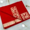 Vermilion Red Pure Resham Muga Silk Saree with Antique Gold Zari Woven Border & Blouse Piece | Handcrafted Bridal & Festive Wear