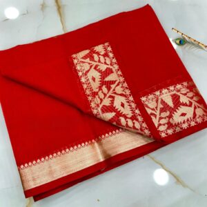 Vermilion Red Pure Resham Muga Silk Saree with Antique Gold Zari Woven Border & Blouse Piece | Handcrafted Bridal & Festive Wear