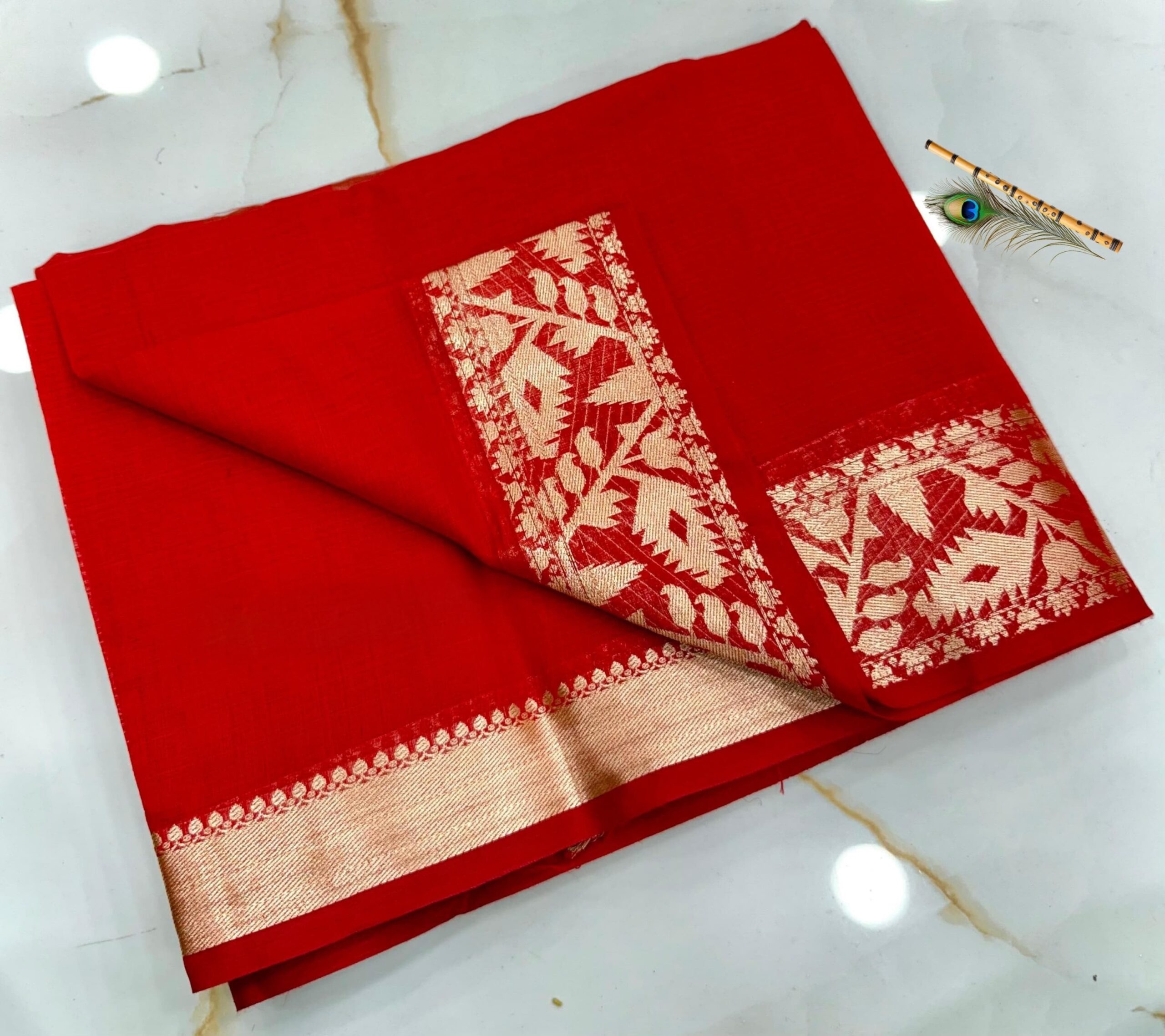 Vermilion Red Pure Resham Muga Silk Saree with Antique Gold Zari Woven Border & Blouse Piece | Handcrafted Bridal & Festive Wear