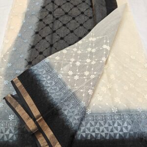 Elegant Ivory & Charcoal Pure Kota Doria Saree with Hand Embroidery & Contrast Woven Border
