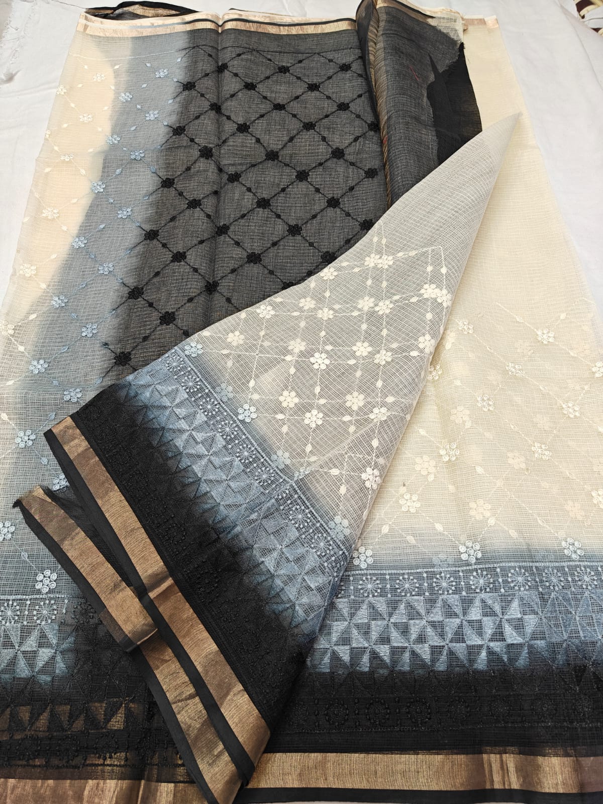 Elegant Ivory & Charcoal Pure Kota Doria Saree with Hand Embroidery & Contrast Woven Border