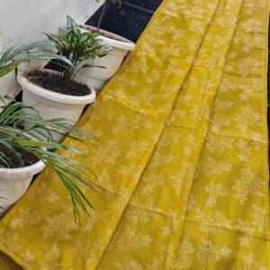 Handcrafted Mustard Yellow Soft Kota Doria Saree with Delicate Floral Hand Embroidery