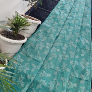 Handcrafted Teal Green Soft Kota Doria Saree with Elegant Floral Hand Embroidery
