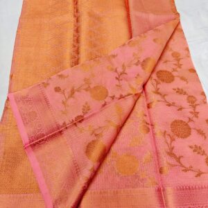 Handcrafted Peach Coral Kota Doria Saree with Gold Zari Floral Weaving & Elegant Traditional Border