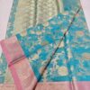 Handcrafted Teal Blue Kota Doria Saree with Gold Zari Floral Weaving & Pink Contrast Border