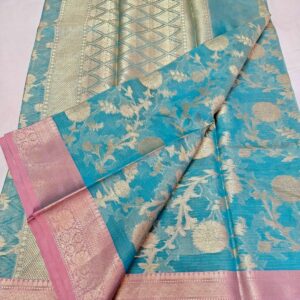 Handcrafted Teal Blue Kota Doria Saree with Gold Zari Floral Weaving & Pink Contrast Border