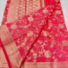 Handcrafted Crimson Red Kota Doria Saree with Gold Zari Floral Weaving & Rich Traditional Border