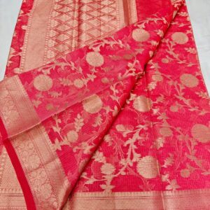 Handcrafted Crimson Red Kota Doria Saree with Gold Zari Floral Weaving & Rich Traditional Border