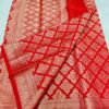 Handcrafted Bright Red Kota Doria Saree with Gold Zari Floral Lattice Weaving & Ornate Border