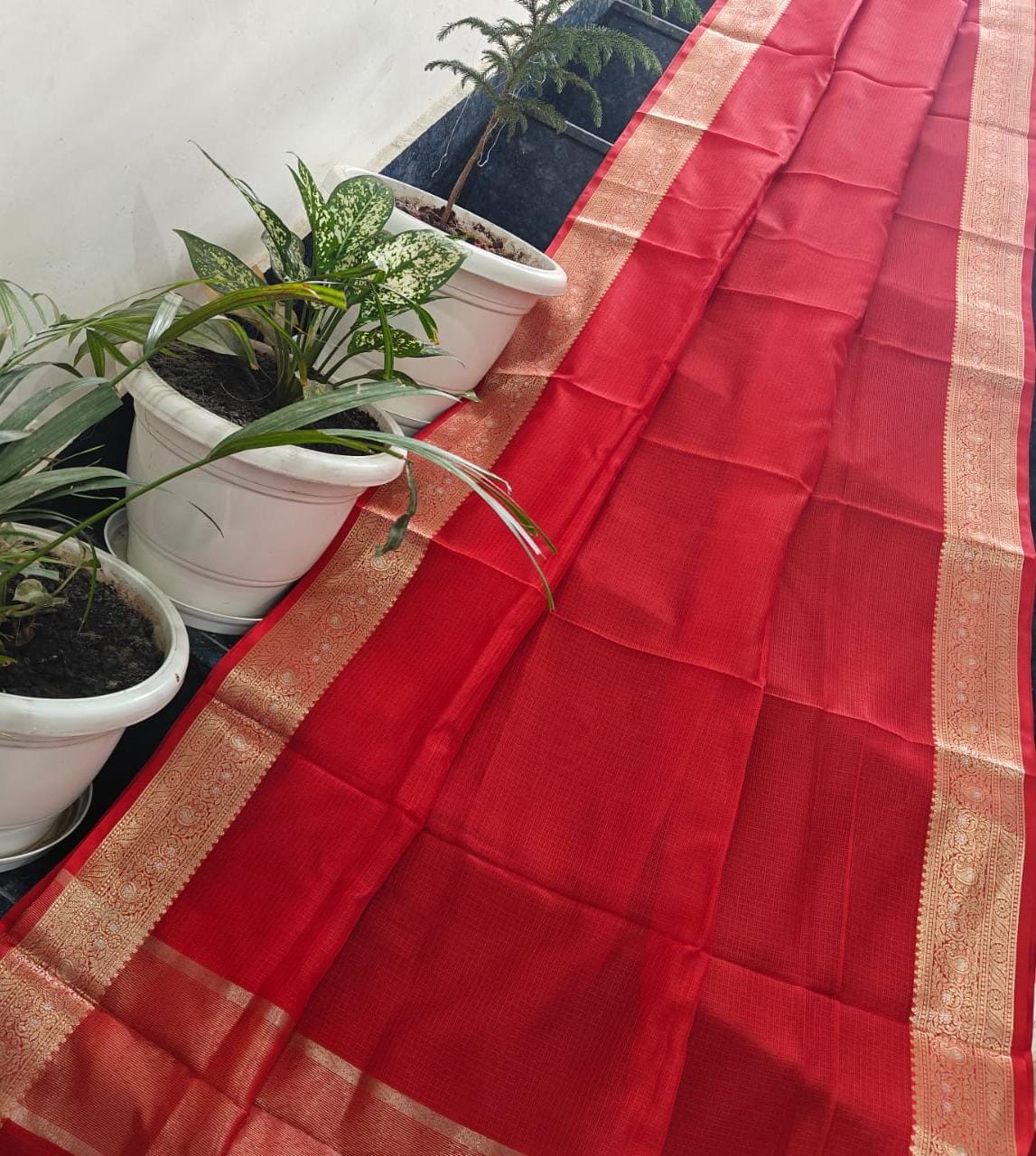 Handcrafted Classic Red Kota Doria Saree with Rich Banarasi Zari Border